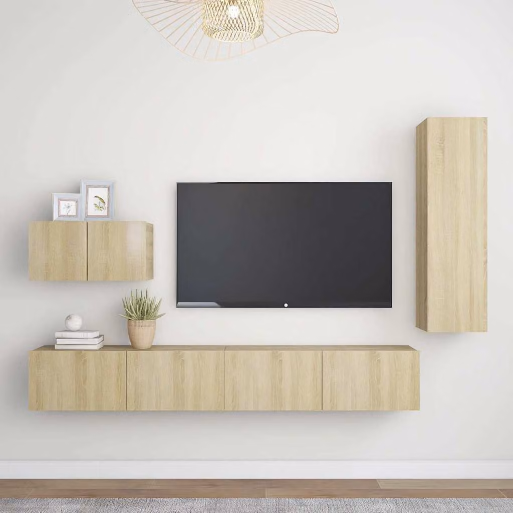 Set di mobili porta TV moderno vidaXL in legno MDF, 4 pezzi, colore rovere e beige