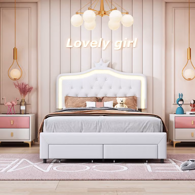 Struttura letto "Crown" 140 x 200 cm con illuminazione a LED, testata regolabile e cassetti, bianco