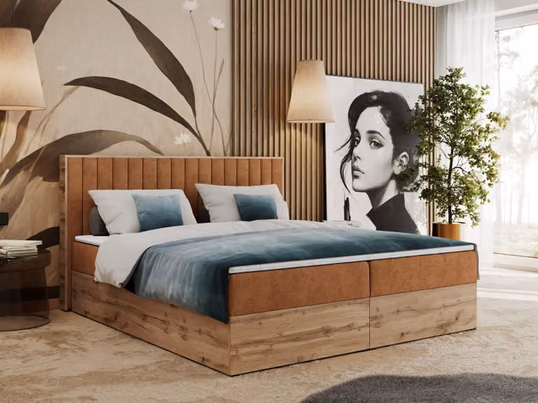 Letto boxspring, due cassetti portaoggetti, set completo con materasso e coprimaterasso - Albero-4 - 120x200 cm - Struttura arancione - H4