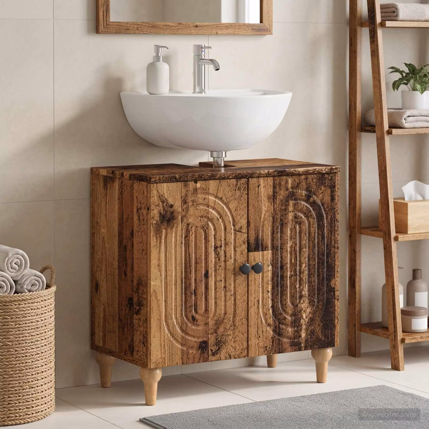 Armadio per lavabo da bagno vidaXL ALKMAAR in legno antico, marrone e nero con ante a battente e ripiani interni