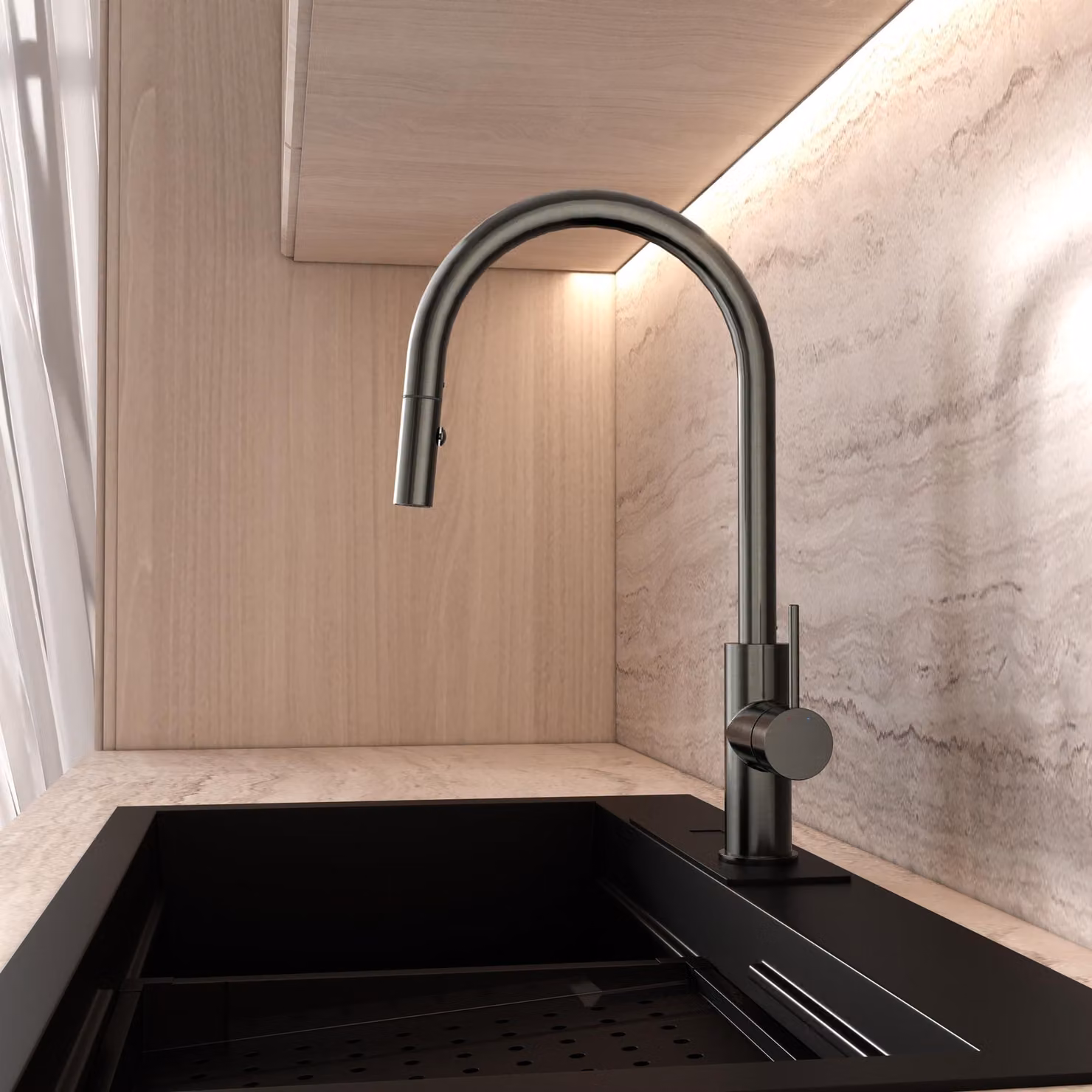 Miscelatore da cucina con doccetta estraibile, girevole a 360°, dotato di 2 getti, colore grigio