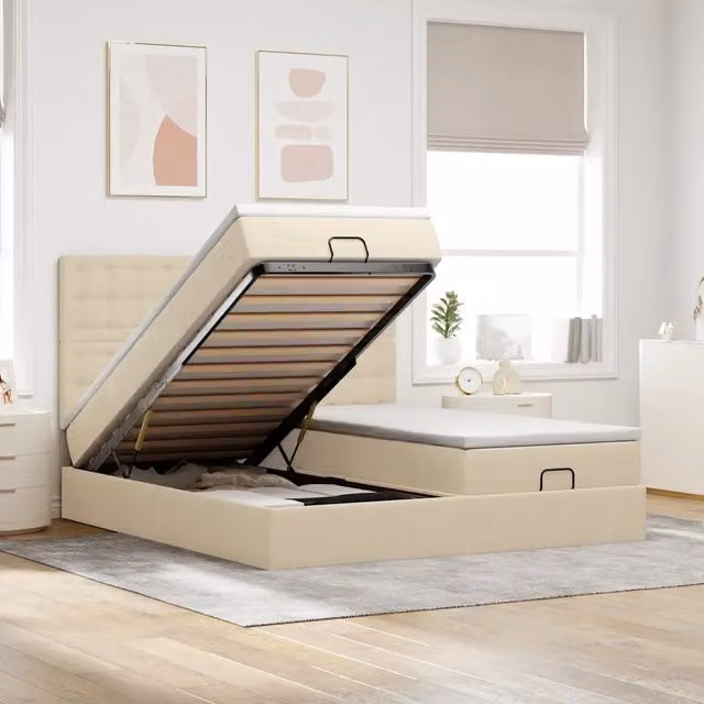 Letto con contenitore a sollevamento vidaXL in tessuto beige e bianco L: 180 cm, P: 200 cm, H: 280 cm