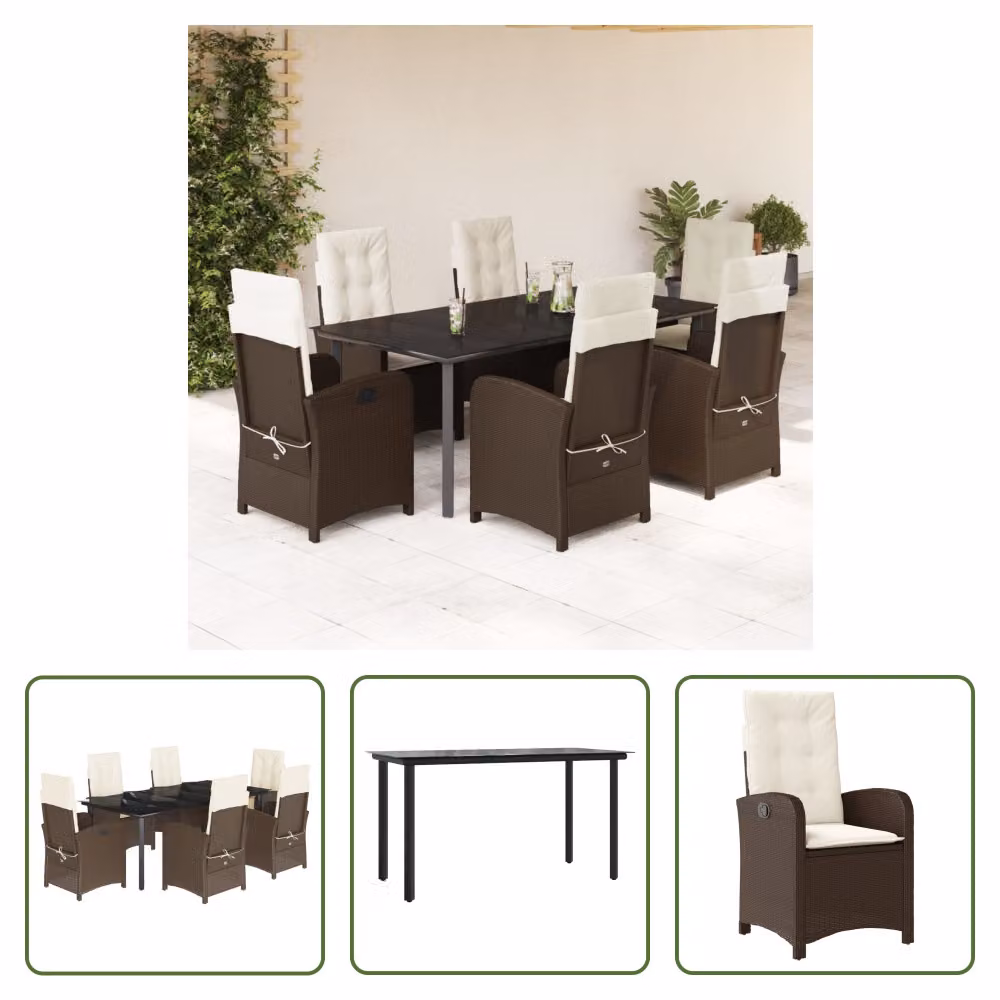 The Living Store Set da pranzo da giardino 7 pezzi con cuscini in polirattan marrone