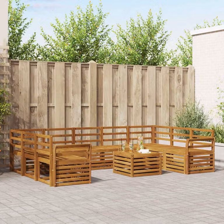 Set di divani da esterno vidaXL a forma di U in legno di acacia marrone con 10 pezzi e cuscini inclusi