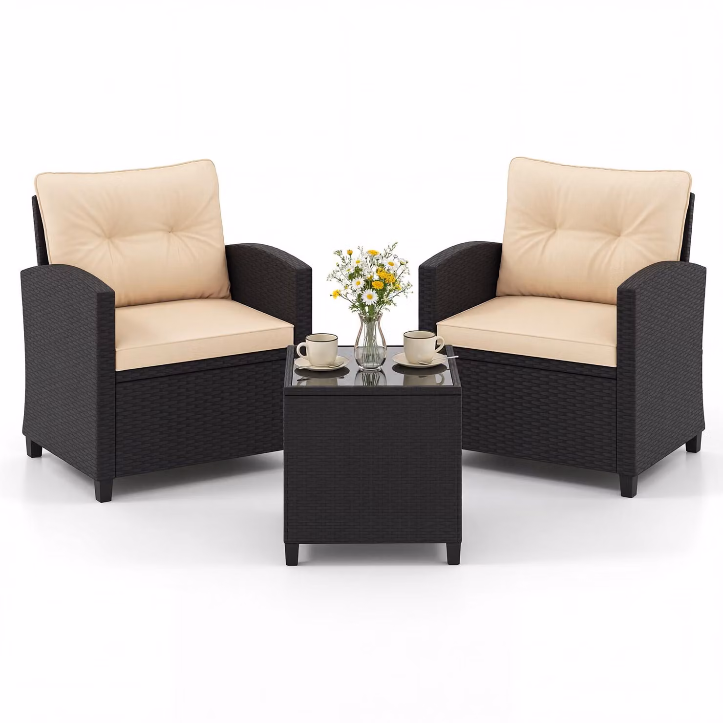 Set da giardino COSTWAY, composto da 3 pezzi, in rattan sintetico. Include: 2 sedie, 1 tavolo e cuscini. Ideale per balconi, terrazze e giardini. Colore: beige