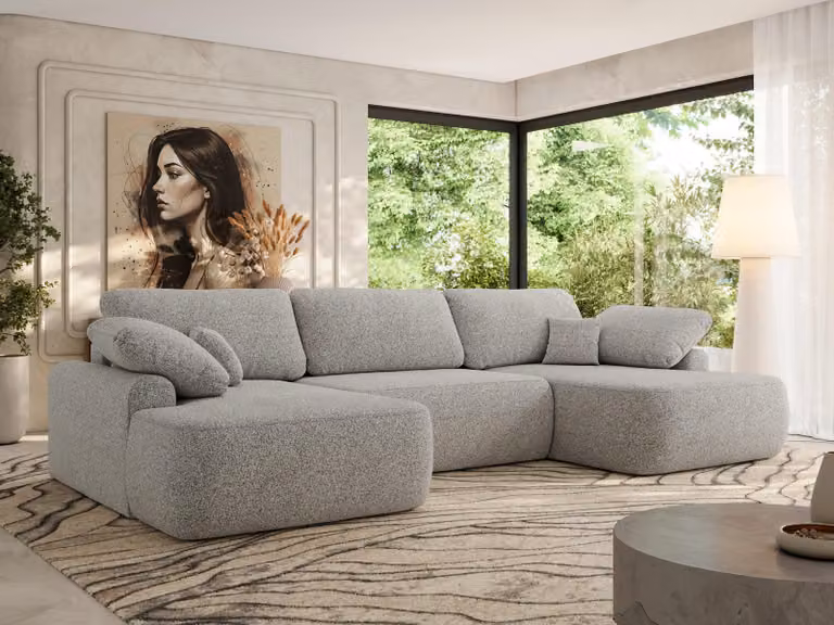 MKS MEBLE Divano angolare a U, molla a onda, divano angolare con funzione letto, box letto e cuscini sfusi, 370x187x100cm - CUBO U - Struttura grigio chiaro
