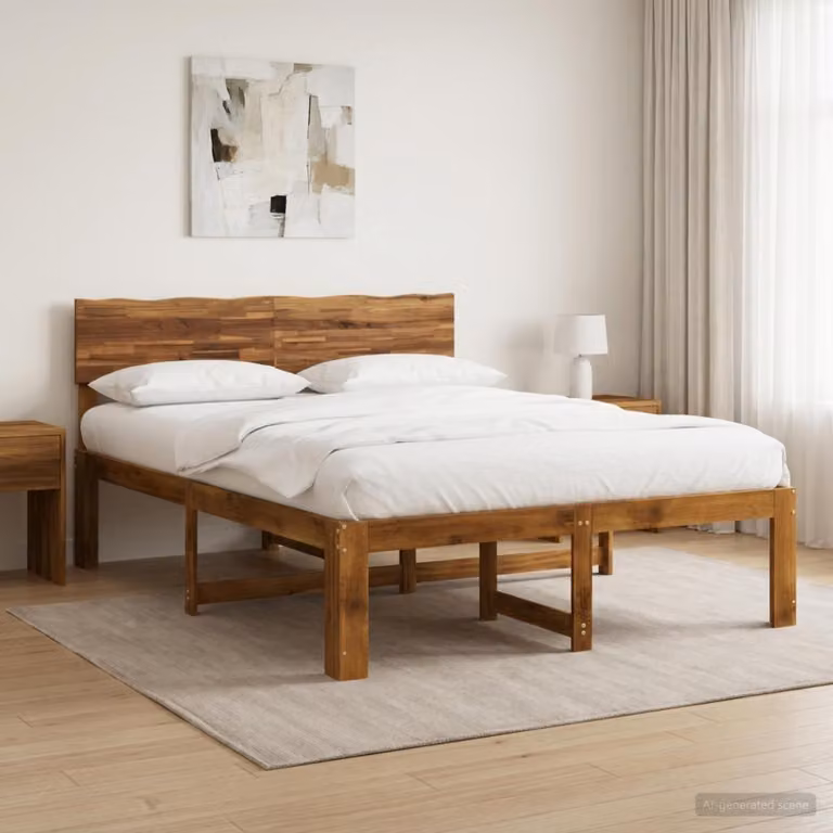 Letto matrimoniale con testiera vidaXL ROSTOCK in legno di acacia naturale, colore marrone, L: 152 cm, P: 203 cm, H: 91 cm