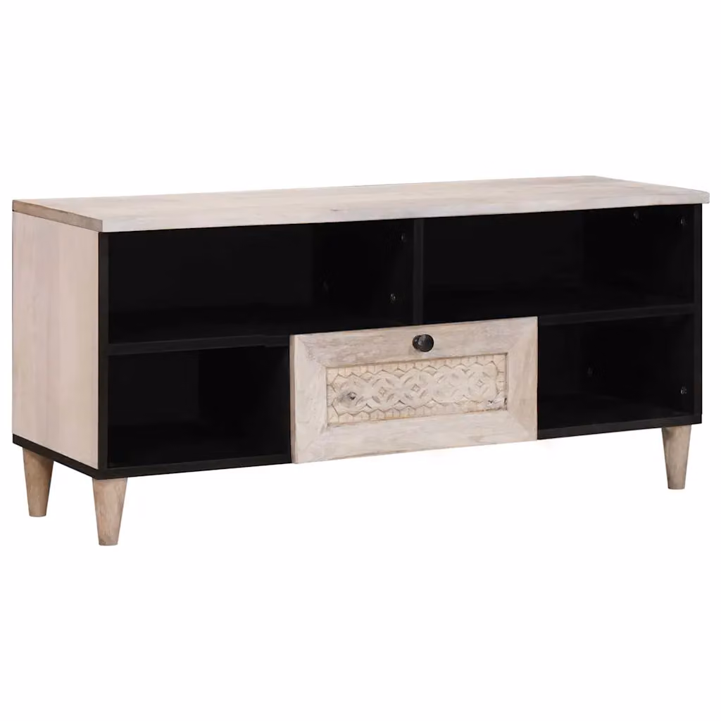 Mobile TV vidaXL con cassetto in legno di mango Bianco Sbiancato L 100 cm x P 33 cm x H 46 cm