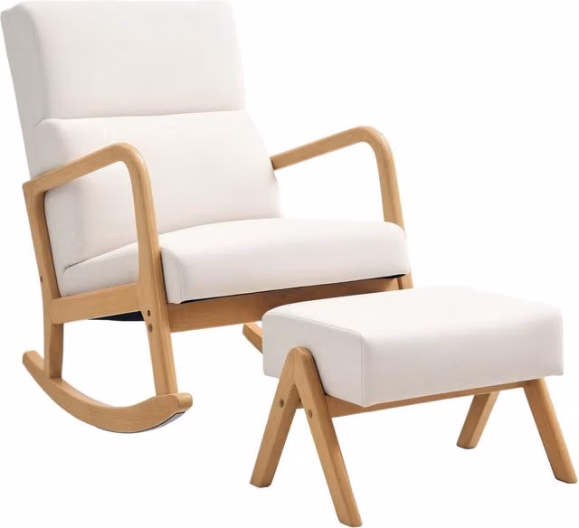Poltrona a dondolo con pouf ¨C Minimal ¨C crema, tessuto, legno