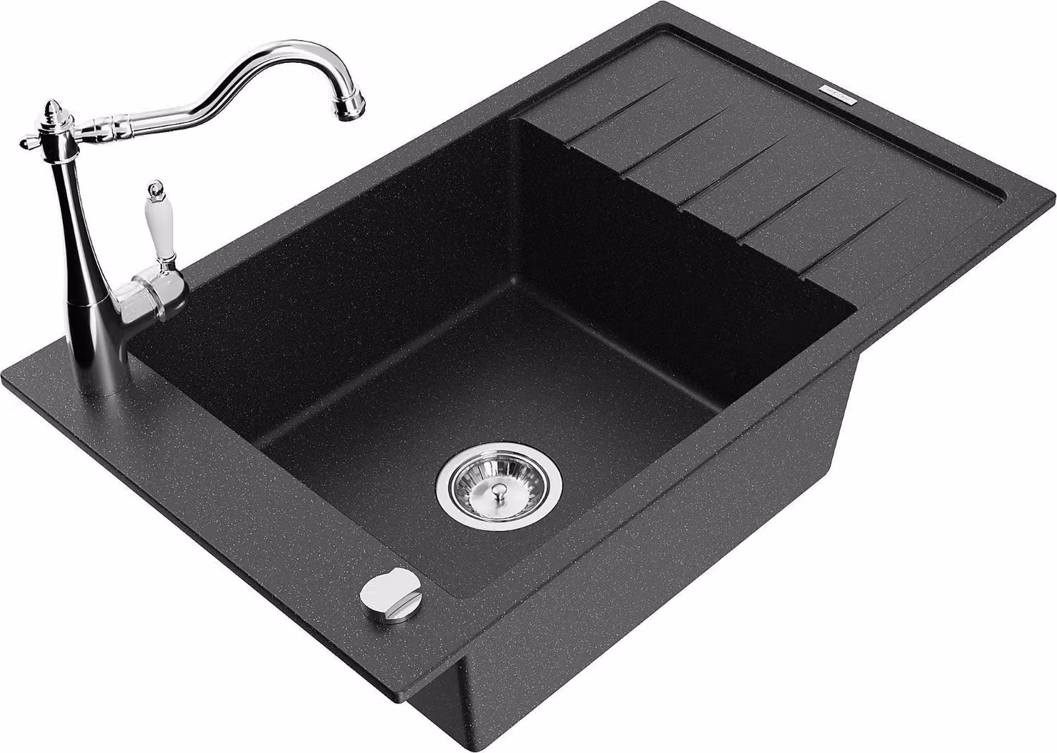 Mexen Elias lavello in granito a 1 vasca con scolapiatti e rubinetto da cucina Carla, nero/argento metallizzato
