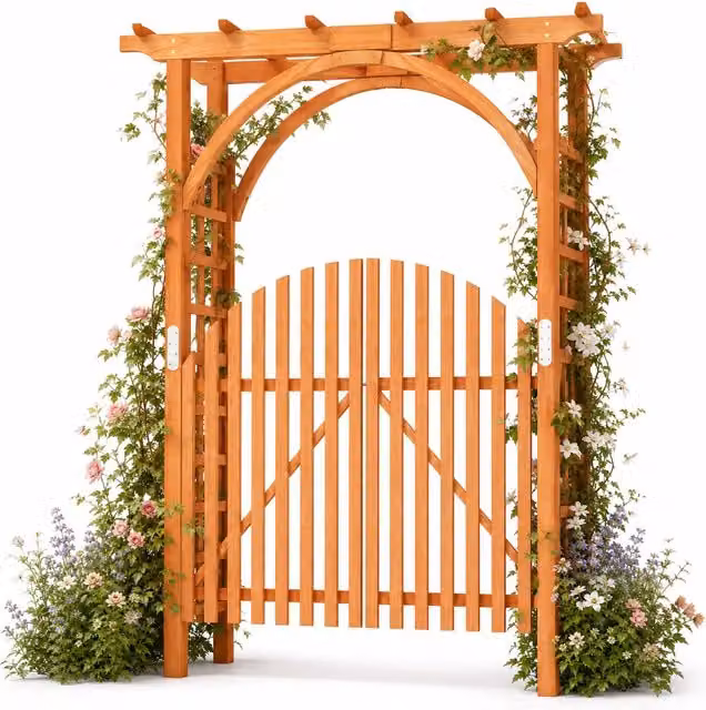 Arco da giardino in legno di abete con cancello e serratura, Pergolato decorativo per rampicanti per matrimoni e feste