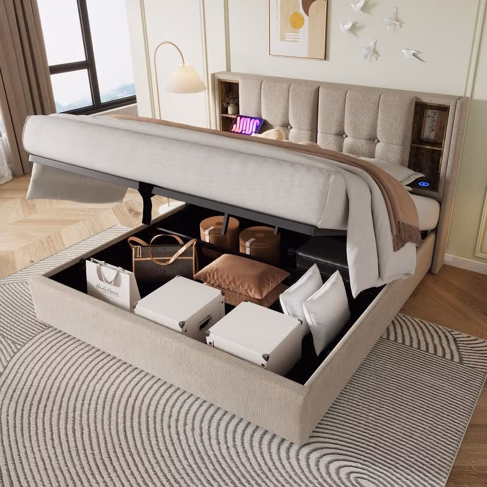Letto imbottito 180x200 cm con spazio contenitore, funzione di ricarica wireless, 2 porte USB e una porta USB-C, rivestito in lino color naturale, struttura del letto con rete a listelli in legno