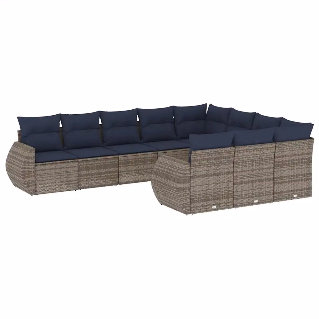 Set di divani da giardino vidaXL a forma di L in rattan con cuscini grigi e blu e struttura in metallo – 2