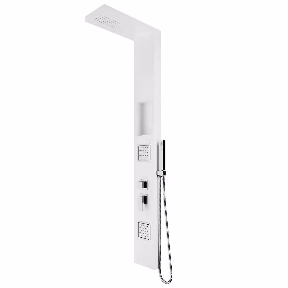 Pannello doccia Fern in alluminio bianco opaco con doccino a mano, deviator di flusso e getti idromassaggio – 2
