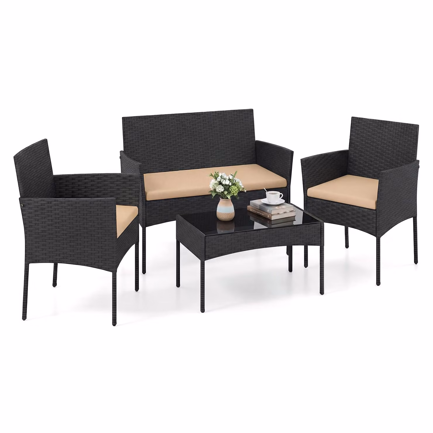 Set di mobili da giardino in polyrattan COSTWAY, set da giardino per esterni, set di sedute con 2 sedie, panca, tavolo e cuscini, mobili da terrazza, mobili da balcone color cachi