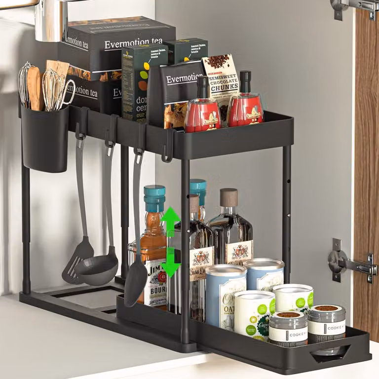Mobiletto sotto lavabo a 2 ripiani con cassetti, 4 ganci, portabicchieri da appendere, colore nero