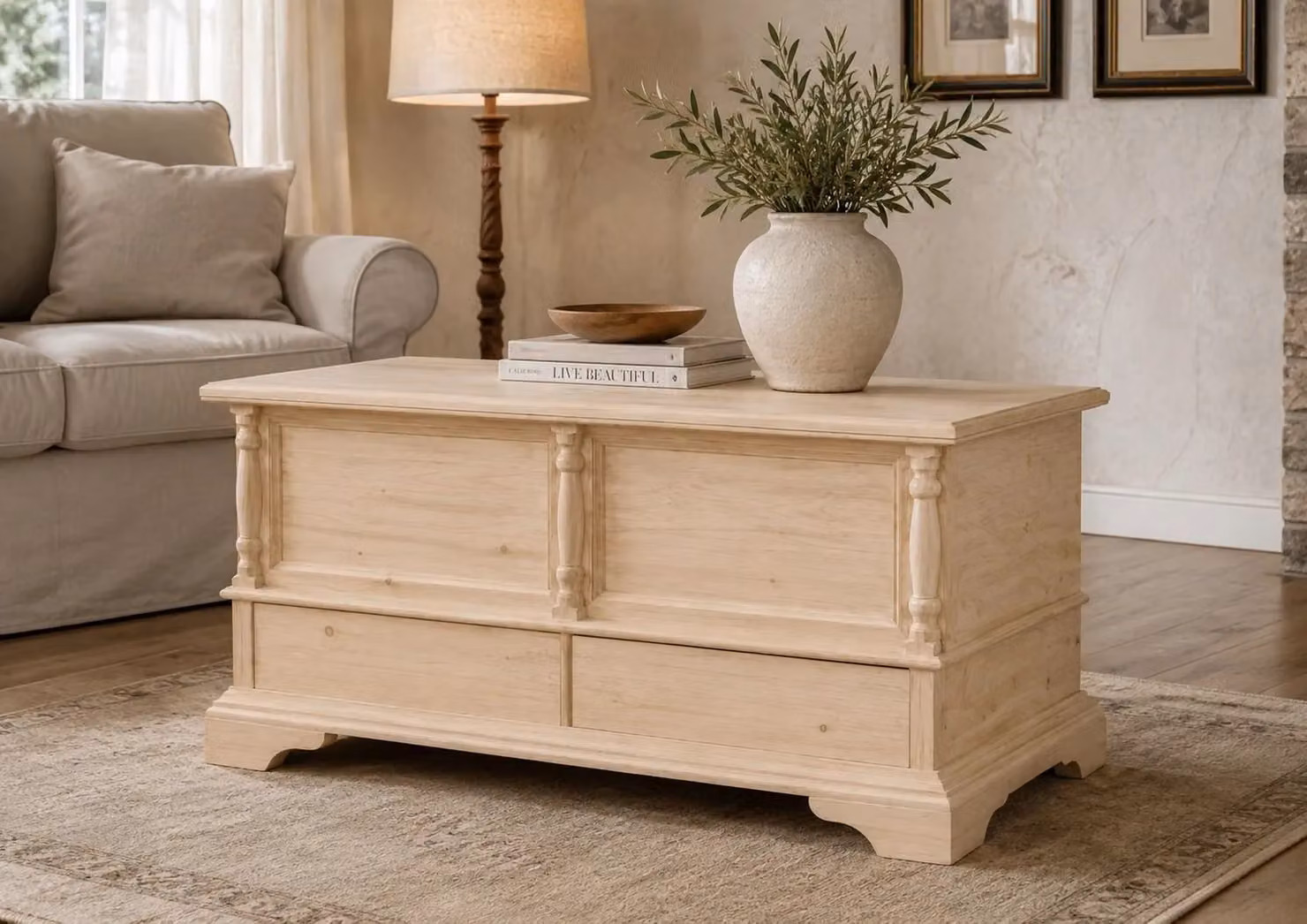 Cassapanca in legno grezzo con 2 cassetti e decorazione a colonne Mobili 2G L/P/H: 120 x 46 x 51 cm – 2