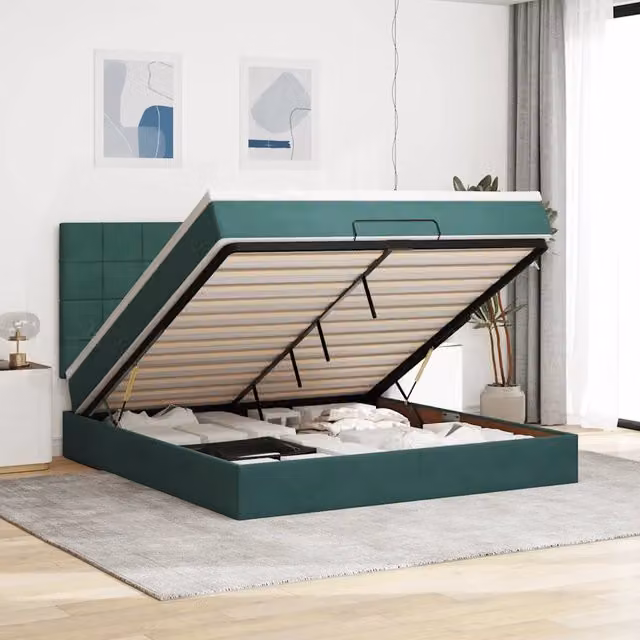 Letto con contenitore a sollevamento vidaXL in velluto verde con porta USB e illuminazione sottostante L: 180 cm, P: 200 cm, H: 203 cm – 1