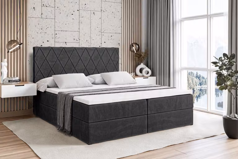 Letto boxspring ALTDECOR con materasso e rete a doghe - LEPARO - 180x200 cm - Velluto nero - Letto boxspring, topper, letto imbottito con contenitore, letto con vano portaoggetti H4 - Materasso, letto matrimoniale, letto boxspring