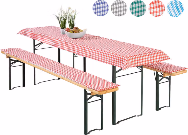 heimtexland ® Set di 3 coperture per set da birreria 2x imbottitura per panca da birreria 1x tovaglia a quadretti Vichy Decorazione da tavolo da giardino tipo 331 rosso Dimensioni tavolo 50x220 cm