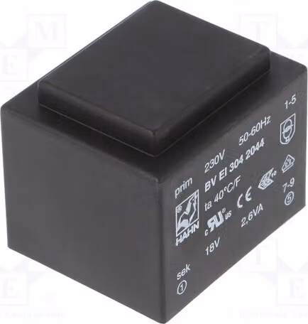 1 trasformatore: rivestito, 2,6 VA, 145 mA, 18 V, 230 VAC. Montaggio: BV EI 304 2044 -Tran