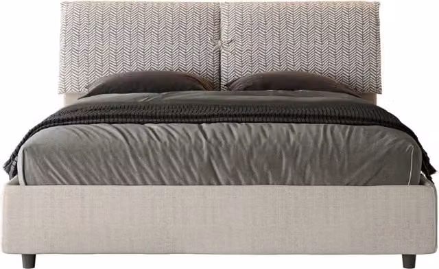 Letto Matrimoniale Mados con Contenitore e Alzata, Testata Imbottita in Tessuto con Motivo Geometrico, L/P/H: 160 x 210 x 110 cm, Colore Beige o Bianco – 1