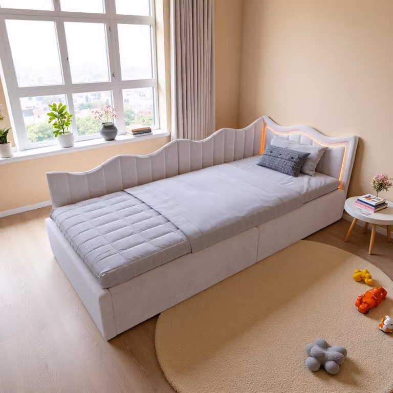 Letto imbottito UnboxG 90×200 cm in tessuto vellutato beige - divano letto e divano letto per bambini con illuminazione a LED, vano portaoggetti e molla a pressione a gas
