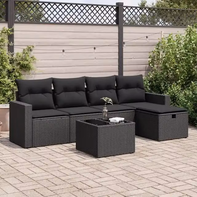 Set Divano da Giardino 6 pz con Cuscini Nero in Polyrattan 3325371
