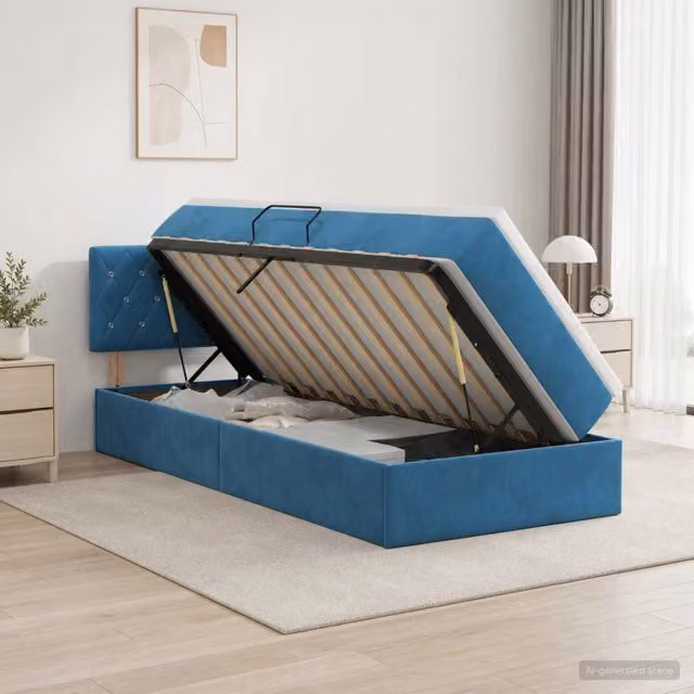 Letto con Contenitore Moderno vidaXL in Velluto Blu e Bianco L 90 cm x P 200 cm x H 204 cm