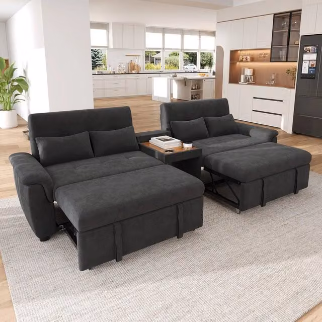 Divano letto a U estraibile ¨C Minimal ¨C Chenille grigio scuro, 284x138x89 cm, con 4 cuscini