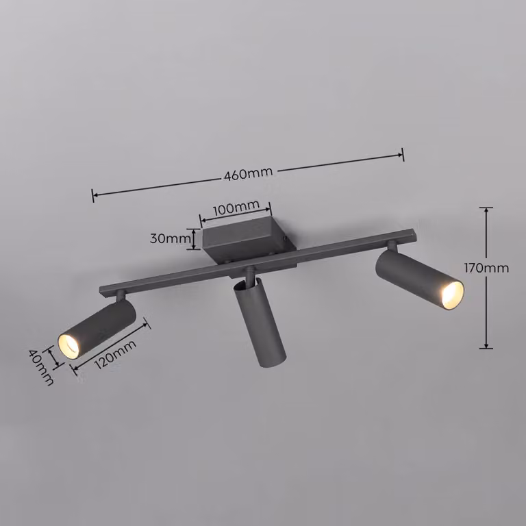 Trio Lighting Faretto da soffitto Dara, lunghezza 46 cm, antracite, metallo, a 3 luci. Dara, Nero, Soggiorno / Sala da pranzo, Metallo, Moderno, Downlight