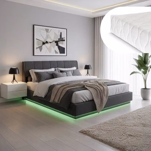 Letto Matrimoniale King Size Contenitore Tröstiar a Luce LED con Materasso 180x200 cm - Effetto Lino Nero [en.casa]