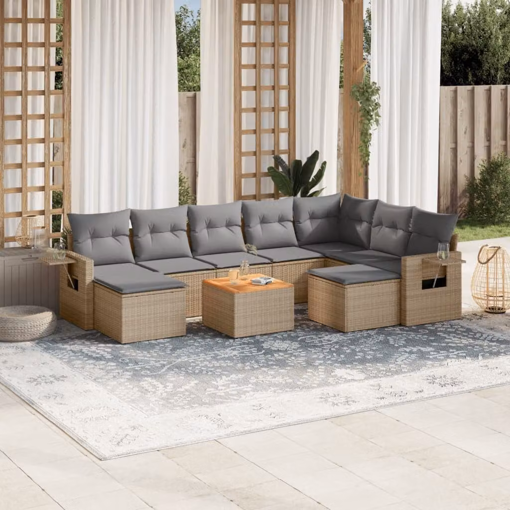 vidaXL Set Divano da Giardino 10 pz in Polyrattan con Cuscini Beige e Grigio – 1