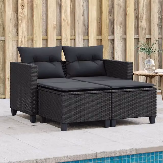 Divano da Giardino 2 Posti con Sgabelli-Sofa da Giardino-Divano da esterno Nero in Polyrattan 650456