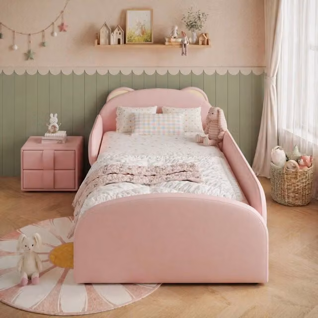 Letto imbottito 90x200 cm rosa in PU con testiera a orsetto e comodino