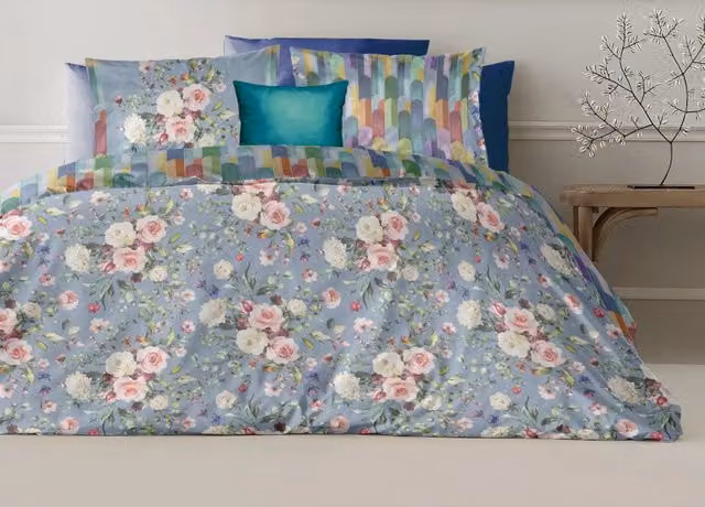 Copripiumino Matrimoniale Double Face in Cotone Percalle con Fantasia Floreale Blu BIANCHERIAWEB L/P: 200 x 220 cm e 2 Federe L/P: 40 x 80 cm