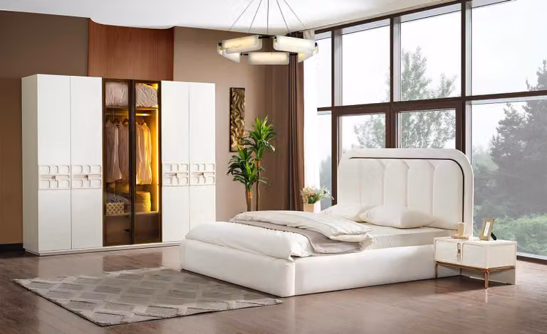 Exklusive Weiße Schlafzimmer Garnitur Textilbett Kleiderschrank Tische