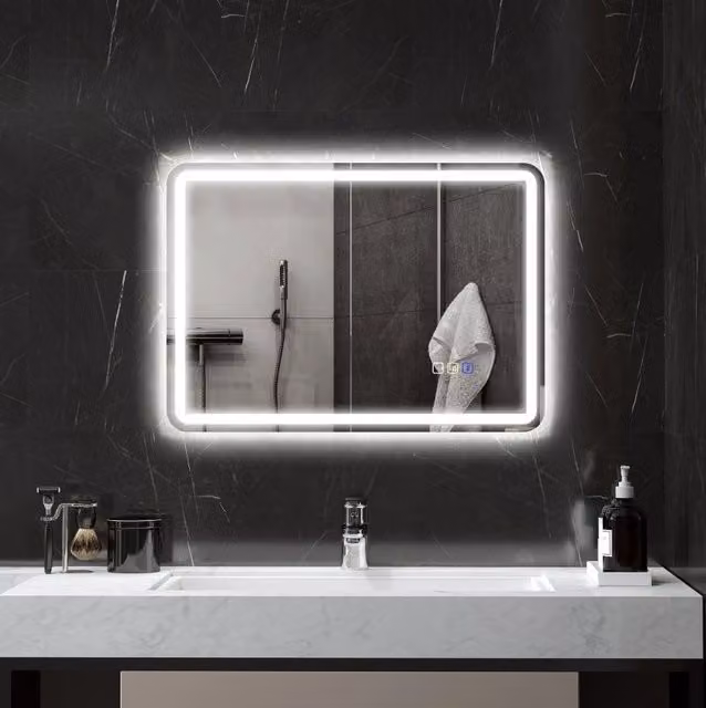 Specchio bagno LED ULEVR con Bluetooth, orologio, antiappannamento e luce regolabile, argento