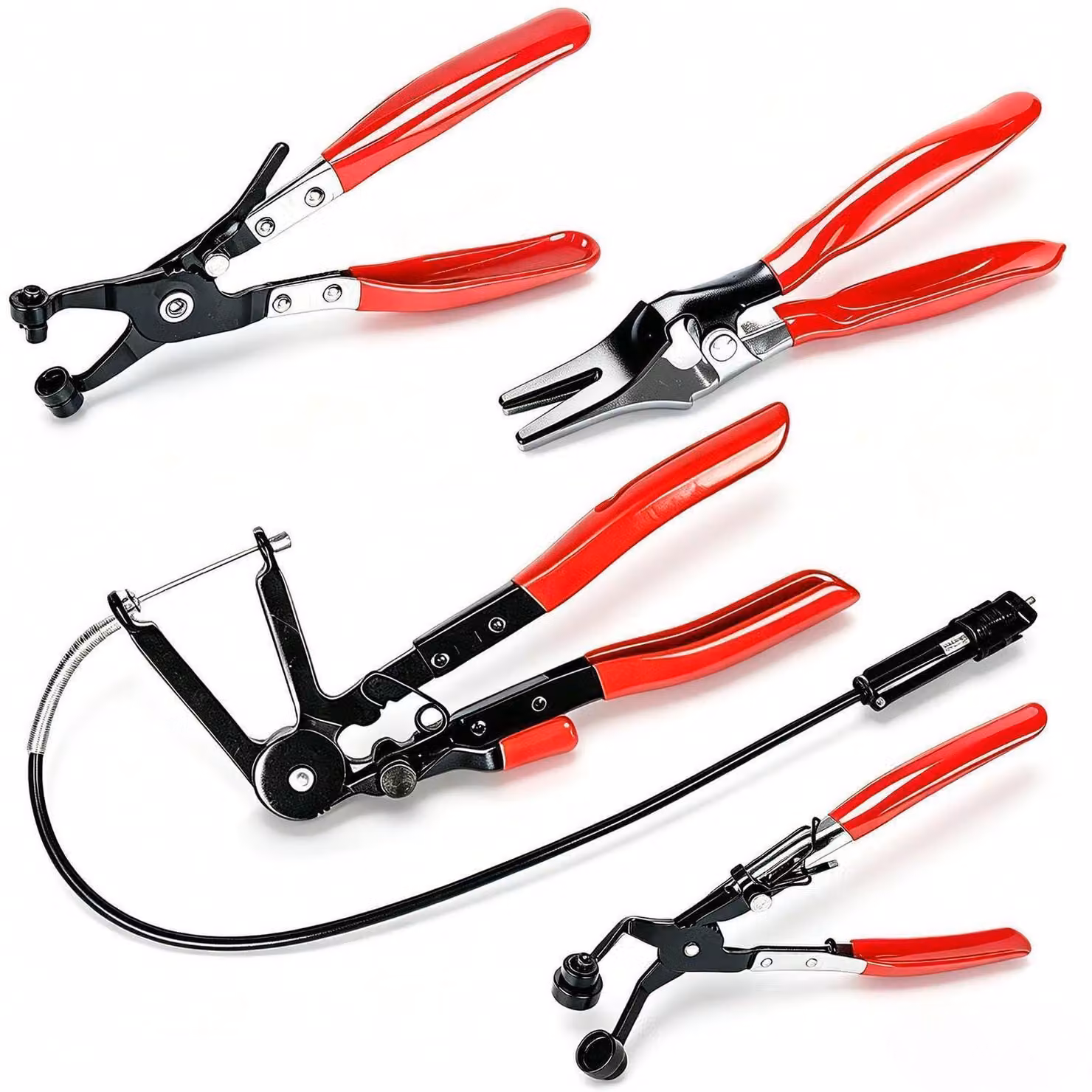 Set di 4 pinze per fascette: pinza per fascette, pinza per anelli di serraggio, pinza per tensionare anelli di compressione, pinza per anelli di sicurezza, ideali per la manutenzione di veicoli