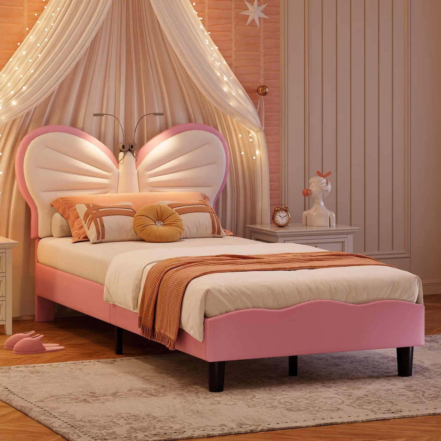 Letto imbottito 90x200 cm con altezza regolabile, testata a farfalla con lampade da lettura a LED, rivestimento in velluto, adatto a materassi da 10-15 cm, facile da montare