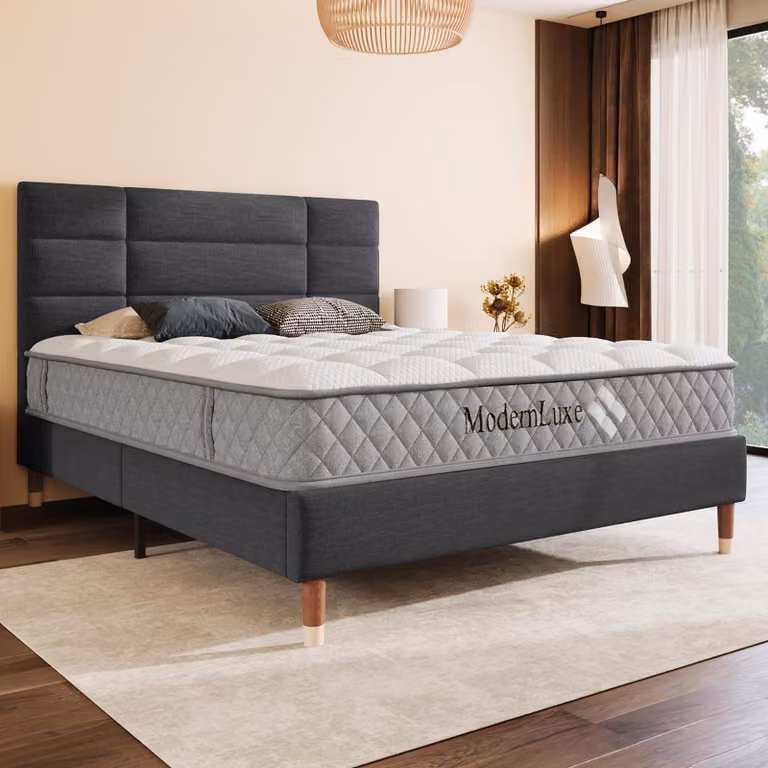 Letto imbottito 140x200 cm con materasso H3 e rete a listelli, con molle insacchettate a 7 zone, rivestito in lino, con testiera imbottita, colore grigio