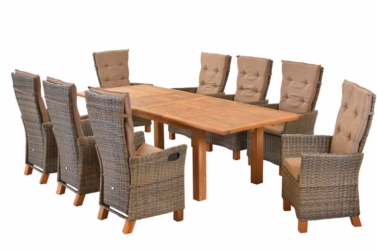 Set Merxx Toscana 17 pezzi, naturale - 8 poltrone con schienale alto incl. cuscini, 1 tavolo allungabile doppio - Colore: bianco - Dimensioni: poltrona: 65,5x59/87x110 tavolo: 180(220/260) x100x75 cm; 8x 28401-211 + 1x 23915-011