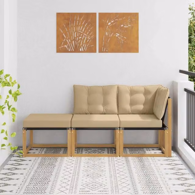 Set di divano modulare da esterno vidaXL a forma di L con pouf, colore bianco e beige, struttura in legno di acacia e sedute in tessuto textilene con cuscini inclusi – 1