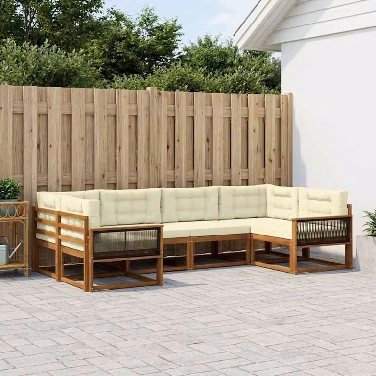 Set di divani da esterno vidaXL a forma di U composto da 6 pezzi in legno di acacia con cuscini inclusi, colori beige, bianco e marrone