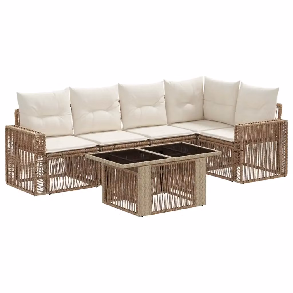 Set Divano da Giardino 6 Pezzi vidaXL in Polyrattan Beige e Bianco con Cuscini e Tavolino – 2