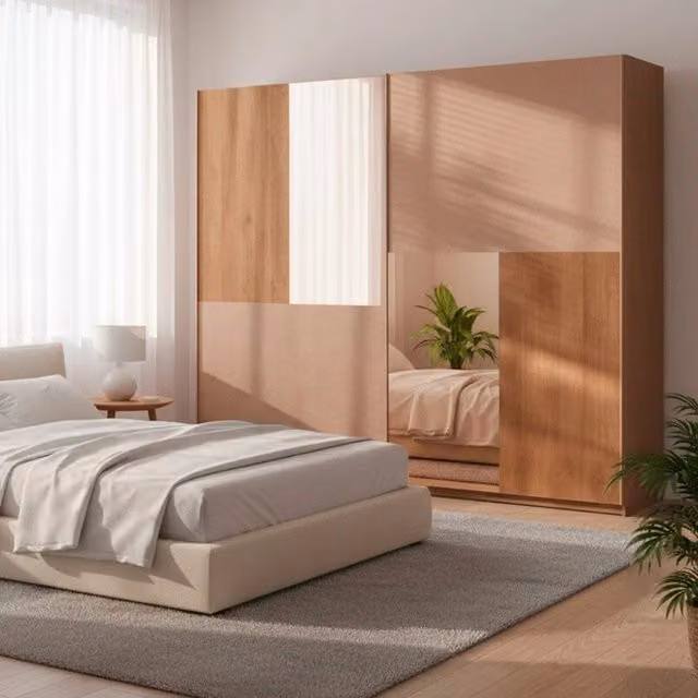 Armadio Quinn con 2 ante scorrevoli e specchi, colore bronzo e noce mercure, L: 275 cm, P: 59 cm, H: 240 cm – 1