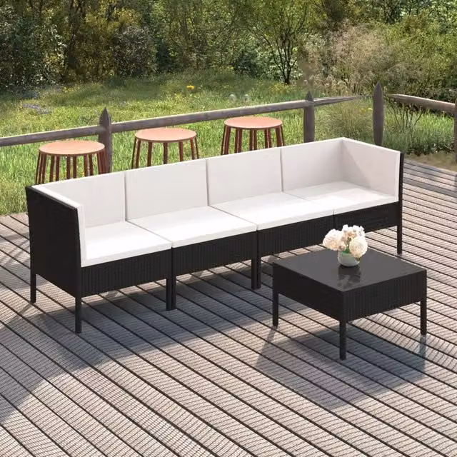 Set di Divani da Giardino a L vidaXL con Cuscini e Ottoman, Colore Nero e Bianco