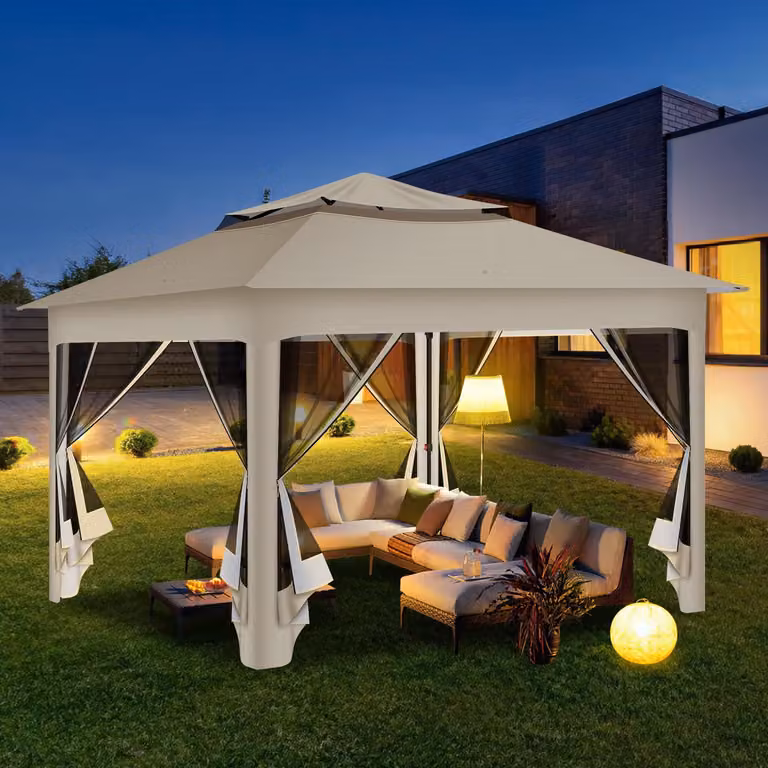 Gazebo pieghevole Izrielar Pop-up 3,3×3,3×2,68 m – Gazebo da giardino con zanzariera, protezione UV, tetto a doppia ventilazione, borsa da trasporto e sacchi di sabbia inclusi, beige