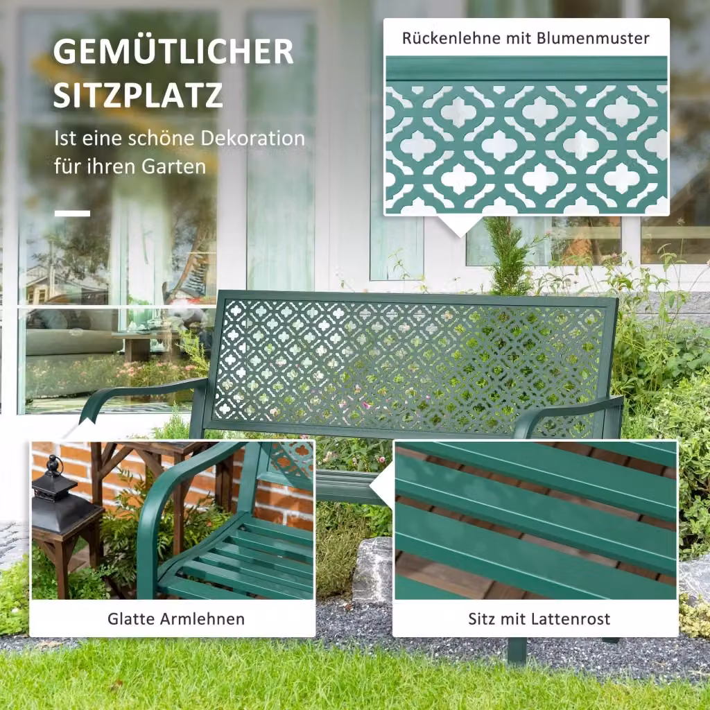 Panca da giardino moderna REDOM in acciaio verde scuro con braccioli per 2 persone L: 127 cm, P: 63 cm, H: 83 cm – 2