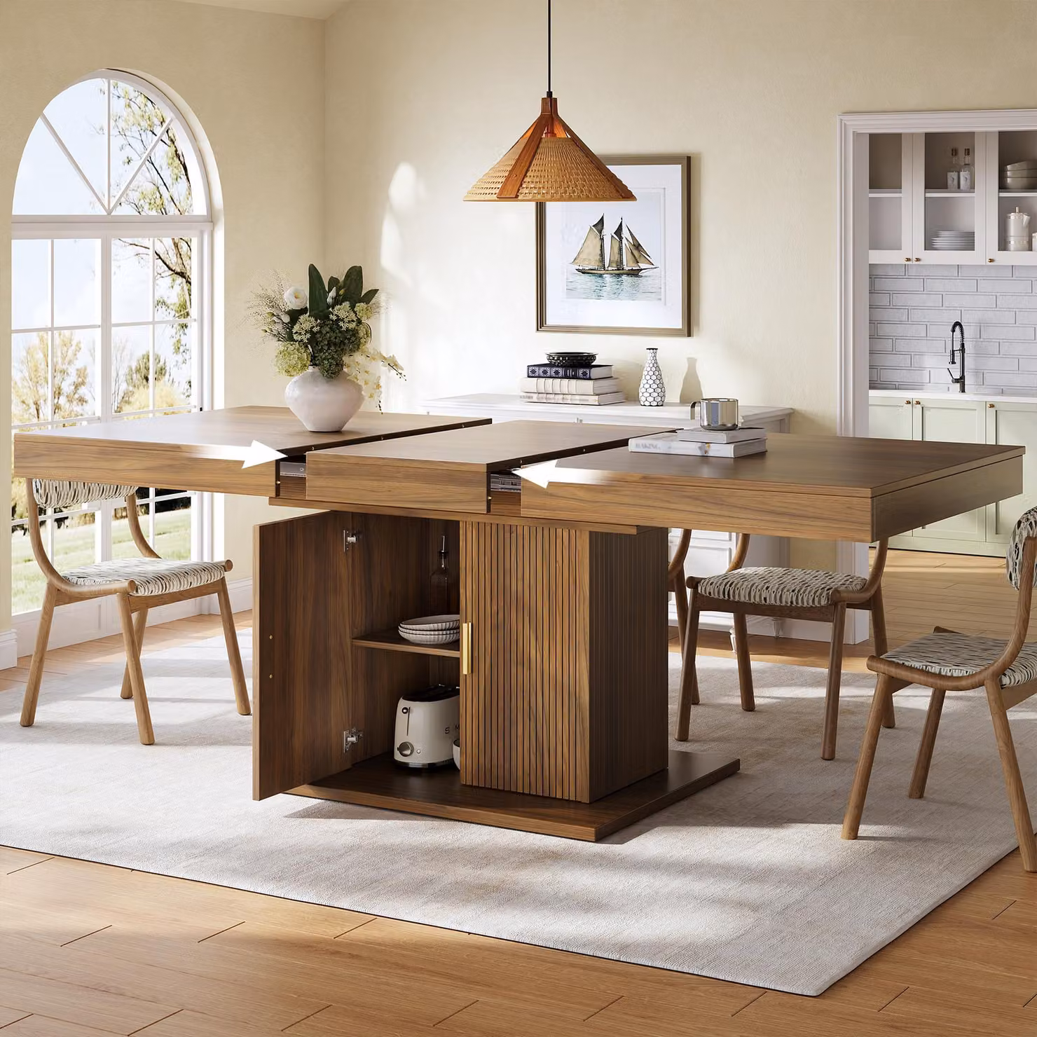 Tavolo da pranzo estendibile con ripiani estraibili, design pratico, tavolo da cucina con spazio contenitivo integrato, colore marrone